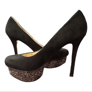 Pelle Moda 7.5 black suede glitter platform heels